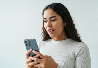 Fototapeta premium Young businesswoman is using mobile phone, reading shocking news in social network or unexpected message