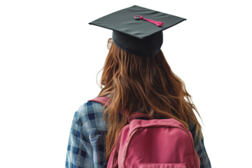 Graduate wearing cap and backpack on graduation day