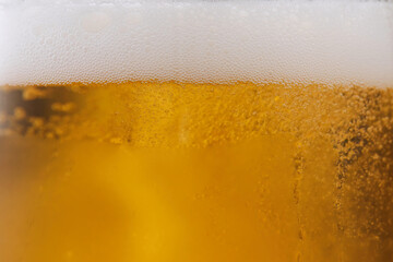 Close up of Light Beer. Glass of fresh and cold craft beer. Glass of fresh and cold beer with bubbles. Shallow depth of field. Focus in a center 