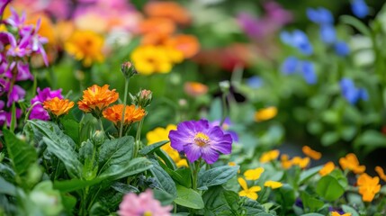 Obraz premium Colorful flower garden with various blooming flowers in vibrant hues including orange, purple, pink, yellow, and blue with lush green leaves