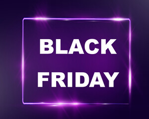 Fototapeta premium Glowing Black Friday sale banner with bright light frame, discount percentages, and call-to-action text on dark purple background. 
