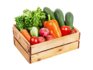 A rustic wooden box containing fresh vegetables arranged in a wooden box for a healthy lifestyle concept. Isolated on white background