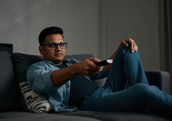 Indian man using remote control, enjoying television program in living room