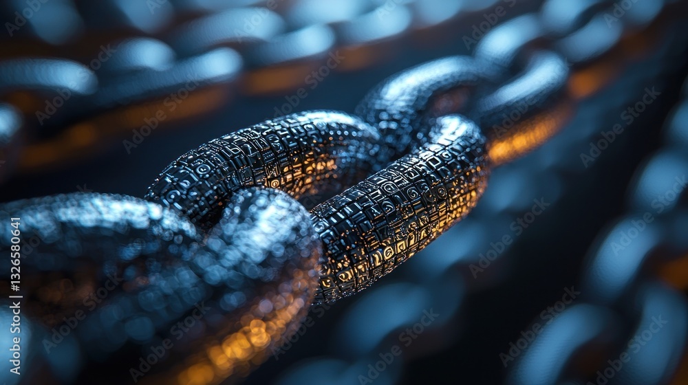 Poster close-up of a metallic chain, showing intricate details and texture.