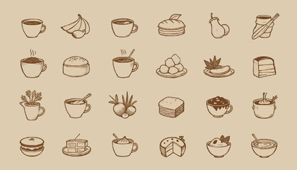 Vintage Hand-Drawn Food and Drink Icons Set &ndash; Coffee, Desserts, and Snacks