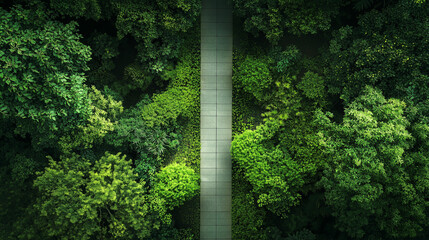 Urban park features stunning symmetry and lush greenery captured from above during midday