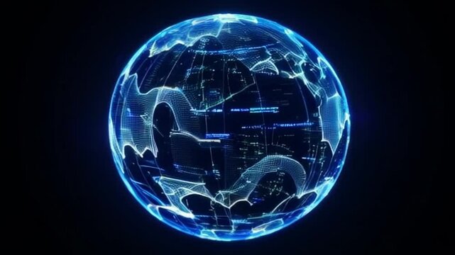 Futuristic Digital Globe with Neon Lines and Binary Codes Against Dark Background