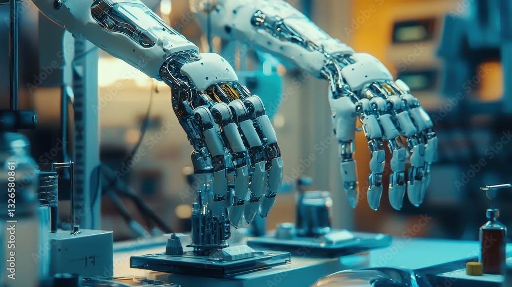 Poster robotic hands working in a high-tech laboratory environment