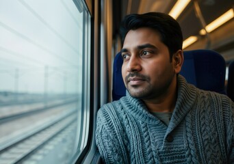 Young man looking through window while traveling by train