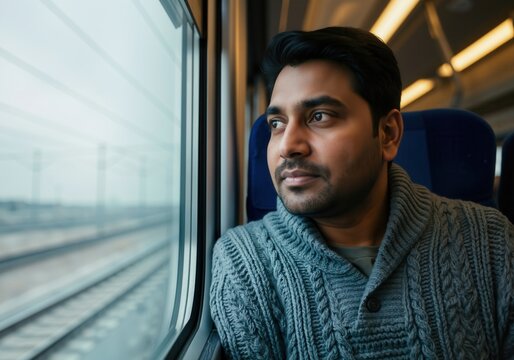 Young man looking through window while traveling by train