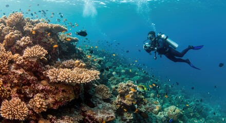 Obraz premium a diver found a giant beautiful corals with a lot of tiny fish