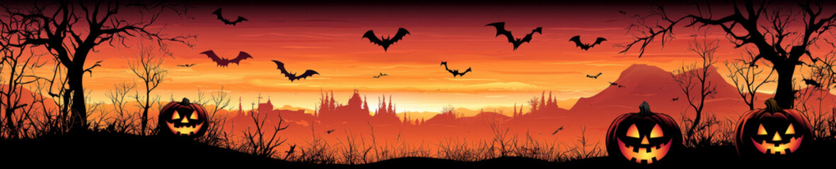 Halloween banner featuring pumpkins and bats at dusk