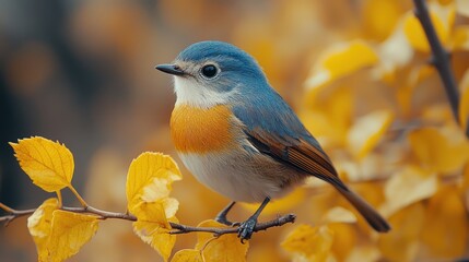Obraz premium Vibrant blue and orange bird perched on autumn leaves.