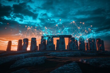 Panoramic sunrise view of stonehenge enhanced with glowing cybernetic connections and data points