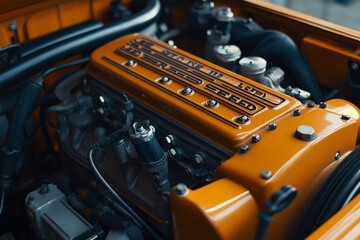 Fototapeta premium Car engine with orange sheen captured in professional soft light and sharp focus photography