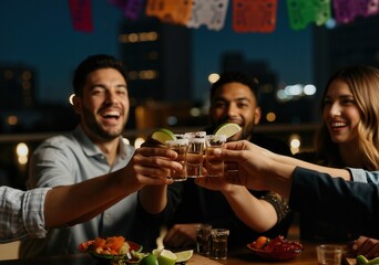 Cheerful friends enjoying tequila shots during a lively rooftop party