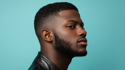 Obraz premium Stylish Man Posing in Leather Jacket Against Turquoise Background with Confident Expression and Modern Look