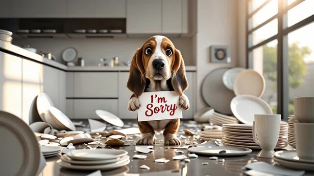 cute guilty Basset Hound puppy in the kitchen among broken dishes with a sign saying i'm sorry