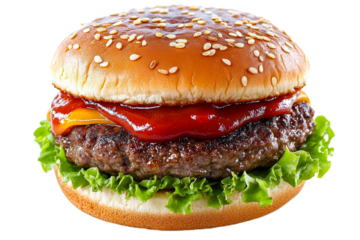 Juicy hamburger with cheese and fresh toppings ready to eat
