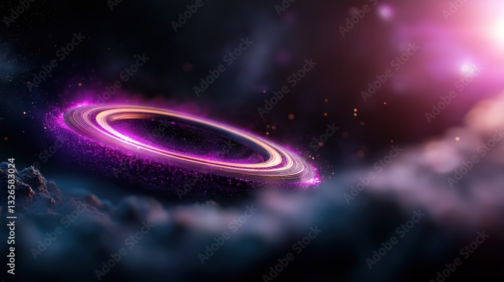 Poster surreal cosmic wonderland featuring floating planetary rings and glowing nebulae in a vast interstel