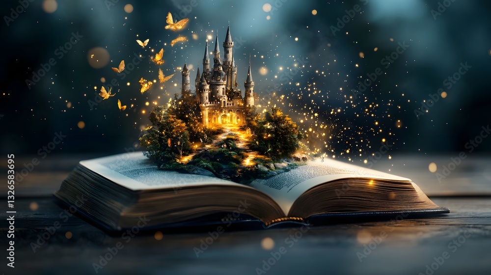 Poster captivating image of an open book on a wooden table with a glowing fantastical world of floating cas