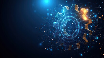 Obraz premium Abstract gear graphic with glowing points, network background