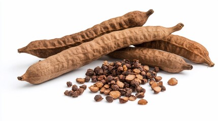 Close up of dried Mucuna Pruriens pods and seeds on a white background