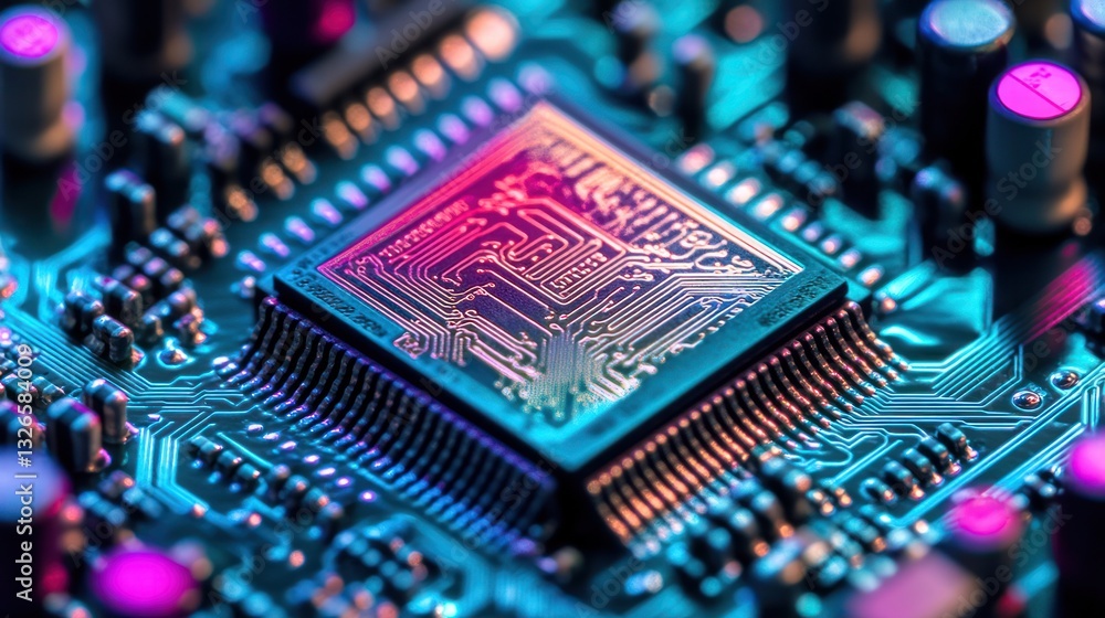 Poster close-up of a microchip on a circuit board.