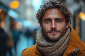 Successful Finnish Entrepreneur in Winter Urban Setting with Camel Coat and Scarf