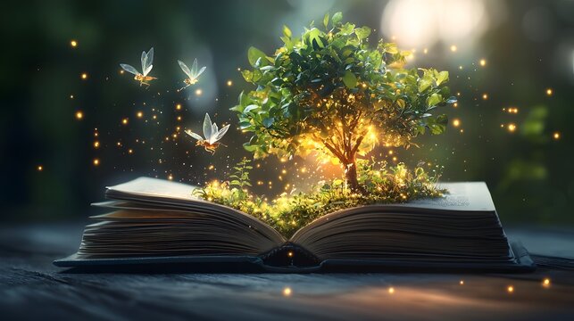 Enchanted forest sprouting from the pages of an open magical book filled with glowing trees fairies and tiny magical creatures flying above the pages radiating a dreamlike and whimsical atmosphere