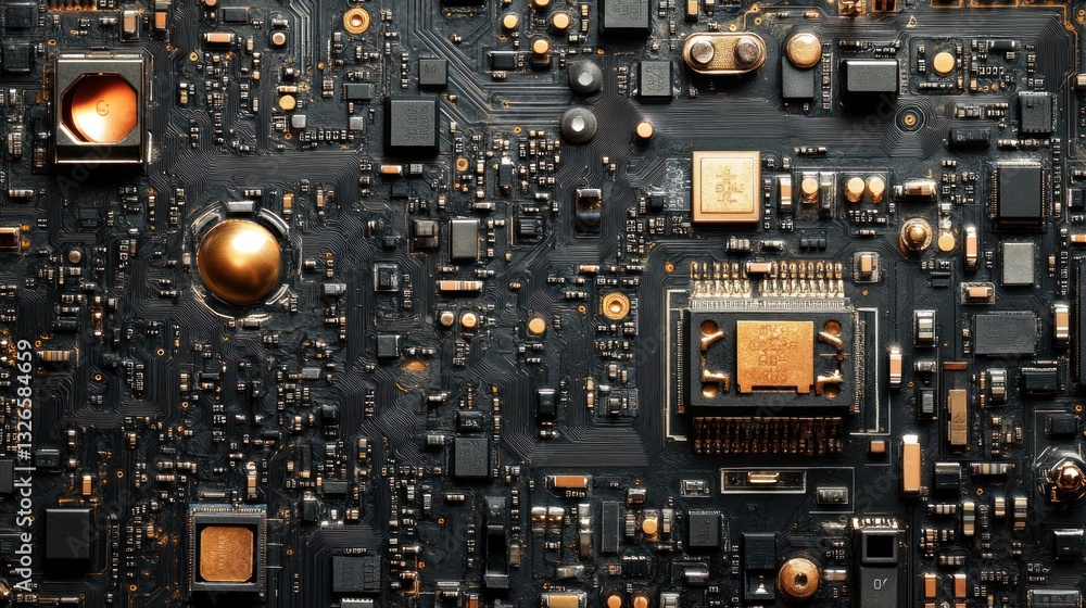 Aufkleber close-up of a complex circuit board with gold components.