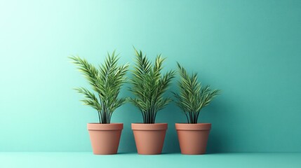 Fototapeta premium Three potted plants against a teal wall.