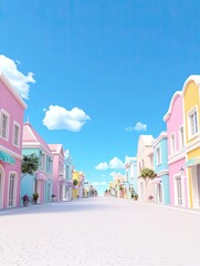 Fototapeta premium Whimsical street lined with pastel-colored buildings under a bright blue sky with fluffy clouds