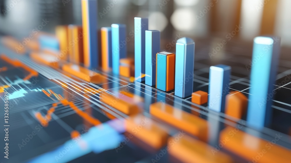 Poster dynamic 3d visualization of financial growth with orange and blue bar graphs on business table