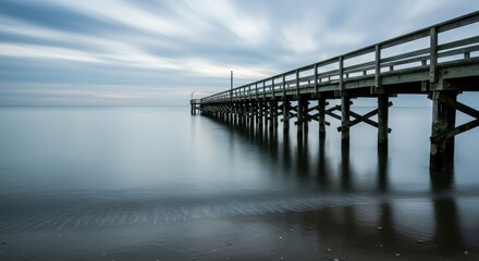 Obraz premium A wooden pier stretches into the tranquil, endless ocean under a soft sunrise. The serene scene evokes peace and timeless wanderlust