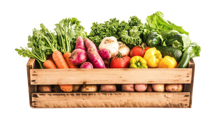 A rustic wooden box containing fresh vegetables arranged in a wooden box for a healthy lifestyle concept. Isolated on white background