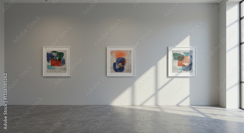 Poster abstract art gallery wall display - three abstract paintings displayed on a gallery wall in a sunlit