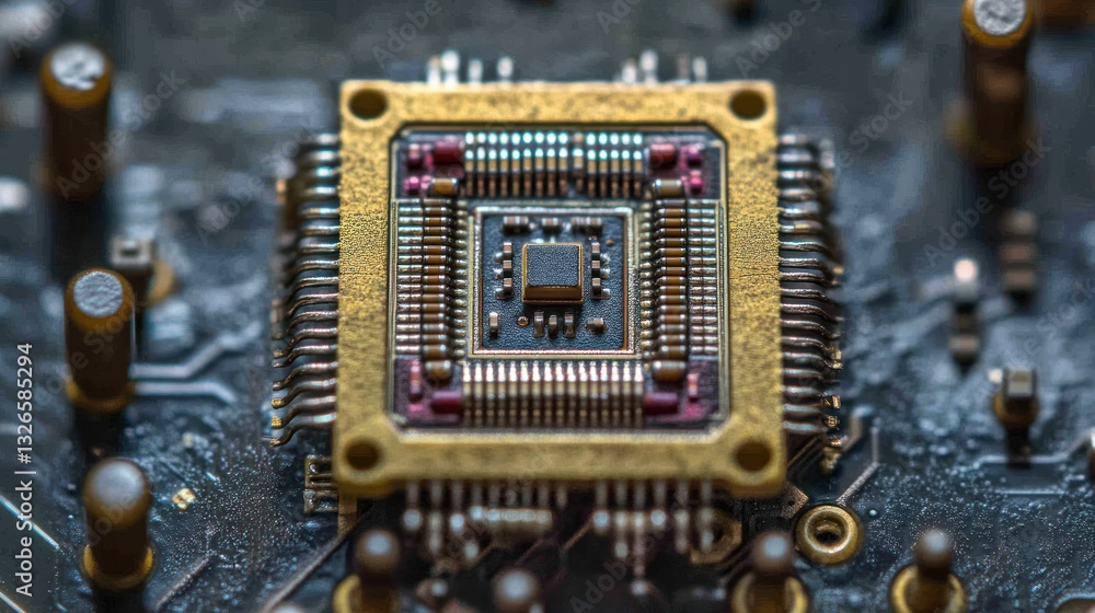 Poster close-up of a microchip on a circuit board. (1)