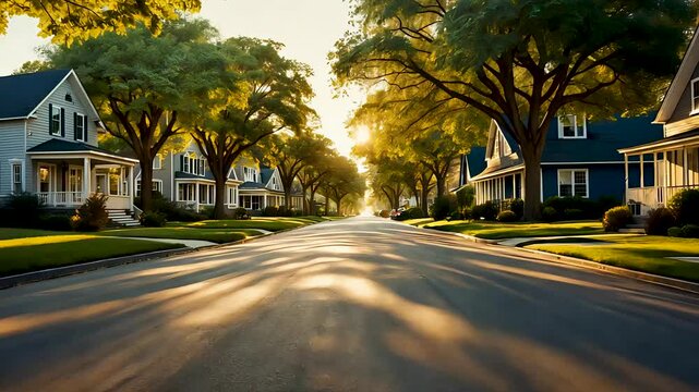 Suburban neighbourhood street with tree-lined road and beautiful sunrise lighting
