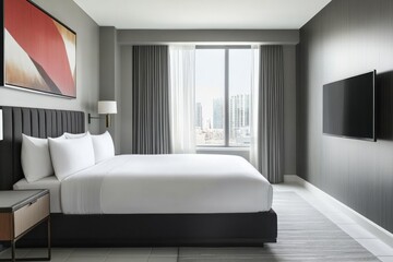 Fototapeta premium A modern and comfortable bedroom featuring various furniture and decor