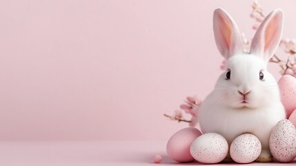 Fototapeta premium Cute happy easter greeting card featuring a fluffy bunny and colorful eggs against a soft pink background