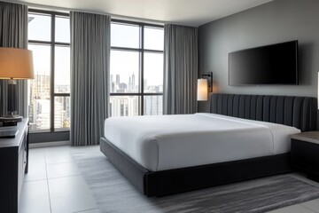 A modern hotel bedroom displaying a bed with cityscape view through windows