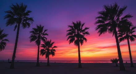Obraz premium Silhouettes of tall palm trees stand against a vibrant sunset sky, blending hues of pink, orange, and blue. The scene captures a serene and tropical atmosphere
