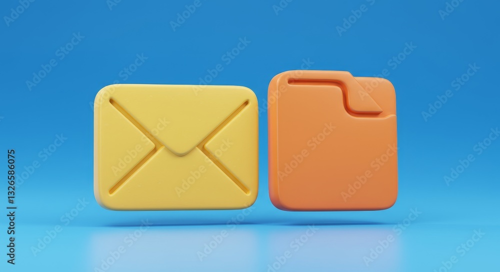 Poster 3d envelope and file icons on blue background - email, document, communication, data, storage. conce
