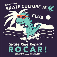 Skate Culture Dinosaur Funny T-Shirt Design - NYC Brooklyn Skater Dino Graphic