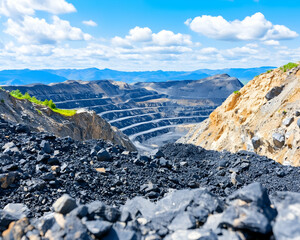 Open-pit mining operation with layered excavation in a mountainous terrain under a partly cloudy sky