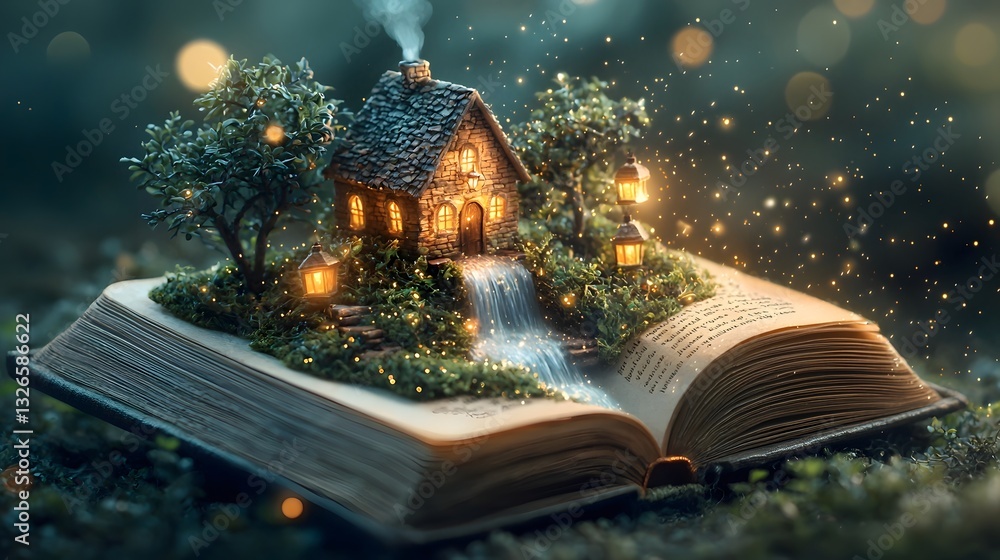 Poster mystical waterfall cascading into a tiny enchanted village with glowing lanterns and miniature house