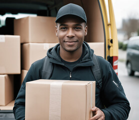 Professional Delivery Worker Holding Box in Front of Package-Laden Vehicle