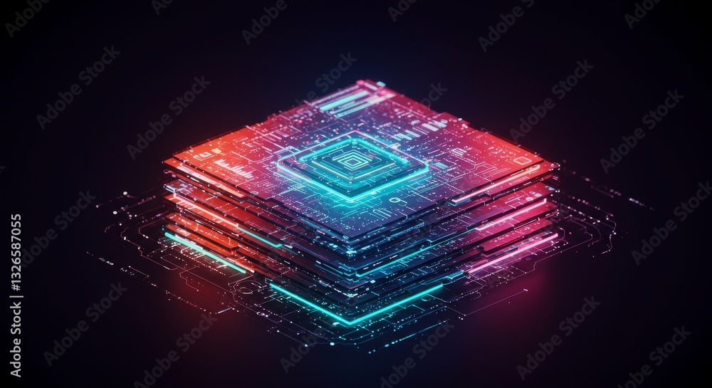 Aufkleber advanced technology microchip stack - futuristic illustration of a layered microchip, glowing with v