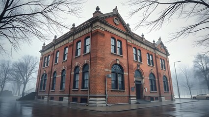 Fototapeta premium Historic brick building in a foggy urban setting, showcasing vintage architecture. 